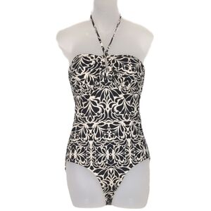 Joe Fresh One Piece Swimsuit Halter Neck Damask Womens Small Black Beige Bustier
